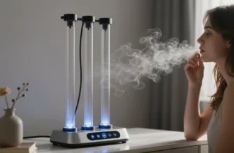 A futuristic interactive aromatic system emitting personalized scented steam, featuring sleek transparent tubes, a glowing control panel, and a user gently inhaling the aromatic vapor in a modern minimalist interior with soft ambient lighting highlighting the vapor trails