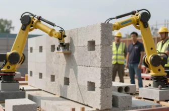 A modern construction site showcasing modular stone blocks being rapidly assembled by robotic arms. The blocks are interlocking and forming a wall structure. Focus on the efficiency and speed of the assembly process. Include construction workers observing the process in the background. Bright, natural lighting.
