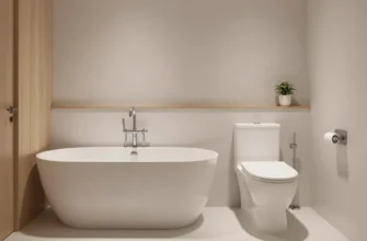 A modern, minimalist bathroom designed for a toddler. The bathroom features a small, comfortable bathtub with a playful design, a child-sized toilet, and ergonomic fixtures at a height suitable for a young child. The color scheme is calming and pastel, with natural wood accents. Soft lighting and safety features are prominent.