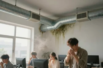 A realistic indoor scene showing a modern office or residential space with visible ventilation ducts that are poorly designed, causing stagnant, dusty air. The air appears hazy with floating dust particles, and some mold growth on walls. Several people in the room are coughing, covering their mouths, or looking uncomfortable, highlighting health impacts. The lighting is natural daylight from windows, emphasizing the contrast between the bright environment and the hidden air quality issue.