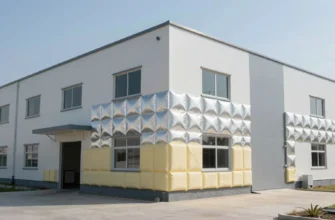 A modern industrial building with advanced thermal insulation materials applied to its exterior walls, showcasing different insulation techniques such as spray foam, reflective barriers, and insulated panels. The building should be depicted in a clean, high-tech environment with a focus on energy efficiency and sustainability.