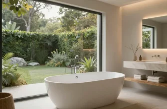 A modern bathroom with a freestanding bathtub, large windows overlooking a lush garden, minimalist decor, warm lighting, and natural materials like wood and stone. Focus on the bathtub and the view.