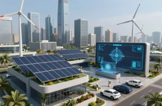 A futuristic cityscape showcasing innovative energy efficiency technologies: sleek solar panel arrays on modern buildings, elegant wind turbines integrated into the skyline, a smart grid control center with holographic data displays, electric vehicles charging at stations, and green rooftops with vertical gardens, all bathed in bright daylight to emphasize sustainability and advanced technology.