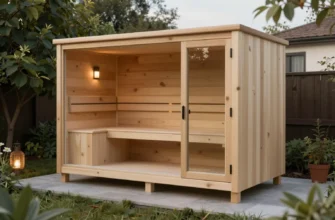 A modern modular wooden sauna system with customizable components, featuring sleek interlocking panels, adjustable interior layout, and natural wood textures, set in a serene outdoor garden with soft lighting