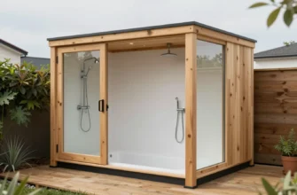 A modern modular bathhouse with clearly defined thermal insulation zones. The bathhouse should be made of wood and have a clean, contemporary design. Show different sections representing cold, warm, and hot zones, perhaps with subtle visual cues like varying lighting or materials. Include a small outdoor area with a wooden deck and some greenery.