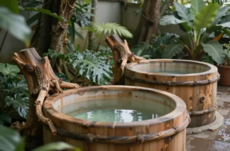 A serene outdoor spa setting featuring wooden tubs carved from tree roots, filled with clear water. Lush green plants and natural foliage surround the tubs, creating a tranquil atmosphere. Soft sunlight filters through the trees. Focus on the natural textures of the wood and plants.