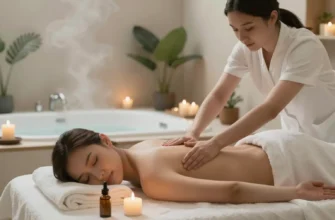 A serene spa scene inside a modern bath complex. Focus on a woman receiving a massage with aromatherapy oils, surrounded by soft lighting, candles, and lush greenery. Steam gently rises from a nearby bath. The overall atmosphere should be calming and luxurious.