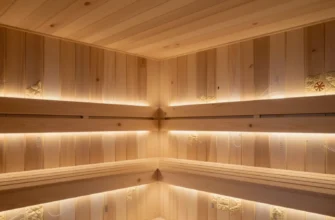 A modern ready-made sauna interior with visible high-tech insulation layers, showing a cross-section of walls and roof where advanced insulating material (like aerogel panels or vacuum insulated panels) is installed, with subtle visual cues of heat flow accelerating, such as warm glow emanating from the sauna heater and gentle heat waves, all depicted in a realistic, detailed manner without any text or symbols