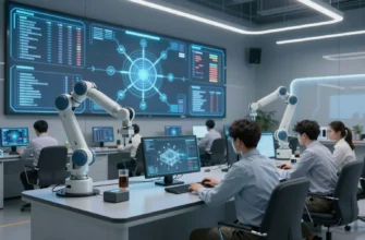 A futuristic industrial control room where multiple intelligent systems are seamlessly integrated: sleek holographic displays showing data streams, robotic arms operating autonomously, engineers monitoring via transparent touchscreens, and a network of glowing nodes connecting AI modules, all in a clean high‑tech environment with soft blue lighting