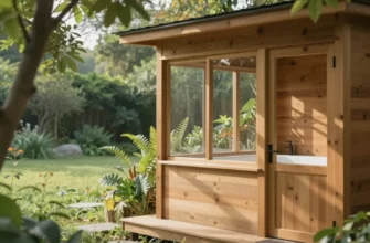 A wooden bathhouse with large windows overlooking a lush green garden. Sunlight streams through the windows, illuminating the interior. Plants and trees are visible close to the building, blurring the line between inside and outside. Focus on the integration of nature and architecture.