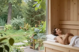 A serene bathroom interior with large windows overlooking a lush green garden. Natural light floods the space, highlighting wooden accents and plants. A person is relaxing in a traditional Russian banya (wooden steam room) with a view of the garden. Focus on creating a calming and healthy atmosphere.