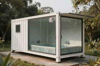 A modern bathhouse constructed from modular, eco-friendly containers, showcasing natural thermal insulation. The bathhouse is situated in a serene natural environment, surrounded by trees and greenery. Focus on the architectural details of the container construction and the integration of natural materials. Soft, natural lighting.