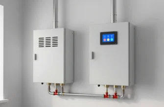 A modern heating system with automatic emergency shut-off mechanisms, featuring sensors, control panels, and pipelines in a technical room, showing seamless integration of automated safety systems
