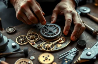 A close-up of a master watchmaker's hands assembling intricate, historically inspired clock gears and mechanisms on a wooden workbench, with soft natural light highlighting brass components and vintage tools, evoking Moscow's renowned craftsmanship tradition