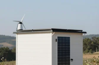 A modern, minimalist mobile bathhouse with solar panels on the roof and a small wind turbine. The bathhouse is situated in a scenic, slightly hilly landscape with trees and a clear sky. Include visible plumbing and electrical connections indicating autonomous systems. Focus on the exterior design and integration with the environment.