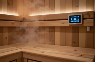 A modern sauna interior featuring wooden benches and walls, gentle steam filling the air, and a sleek, futuristic climate control panel mounted on the wall displaying digital temperature and humidity readings. The scene shows subtle lighting, a comfortable atmosphere, and hints of advanced sensors integrated into the wood, illustrating an intelligent microclimate regulation system in a sauna room.