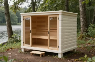 A photorealistic depiction of an eco-friendly sauna constructed from recycled plastic materials, placed in a natural forest clearing with surrounding trees and a calm lake, showcasing sustainable design with visible modular plastic panels and green vegetation, under soft daylight