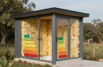 A modern modular bathhouse with visible insulation layers, showcasing energy efficiency. The bathhouse should be situated in a natural landscape with trees and a clear sky. Focus on the architectural design and the insulation technology.