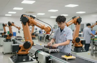 A modern factory floor with robotic arms assembling components, conveyor belts moving parts, and a human worker overseeing the process. Focus on efficiency and technological advancement. Bright, clean, and well-lit environment.