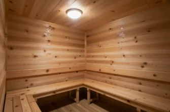 A detailed architectural visualization of a wooden bathhouse interior. The bathhouse should feature visible wood grain, traditional Russian design elements (e.g., benches, steam room area), and subtle hints of nanotechnology insulation integrated into the walls and ceiling – perhaps a faint shimmering effect or a slightly different texture. Soft, warm lighting should illuminate the scene, suggesting a relaxing atmosphere. Focus on the structural details and the interplay of light and shadow with
