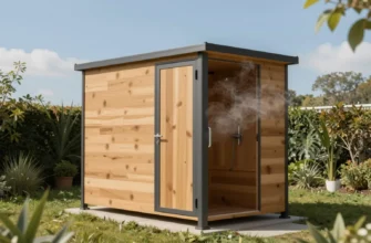 A modern, modular bathhouse constructed from wood and metal panels. The bathhouse is situated in a lush green garden with a clear blue sky in the background. Steam is gently rising from the bathhouse, suggesting it is in use. Focus on the clean lines and contemporary design of the structure.