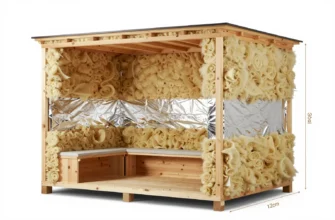 A modern сборная баня ( сборная баня ) with visible layers of insulation, showcasing the different materials used (e.g., mineral wool, wood, foil). The exterior should be clean and well-maintained, suggesting durability. Focus on the construction details that highlight the insulation process.