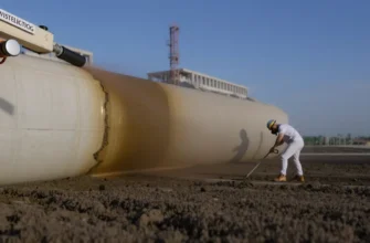 A photorealistic scene showing a modern construction site where innovative waterproofing mixtures are being applied to a large concrete structure. The focus is on glossy, semi-transparent liquid coating being sprayed onto the surface, with high-tech equipment, protective gear, and a background of a partially built building under a clear sky. Emphasize the texture of the waterproofing material and the sense of long‑term protection, without any text or logos.