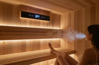 A modern, compact personal sauna interior featuring sleek, futuristic climate control panels and integrated ventilation system, warm wooden walls, soft ambient lighting, a comfortable bench, and subtle steam effects illustrating advanced microclimate technology, with a relaxed person enjoying the sauna without any visible text or branding