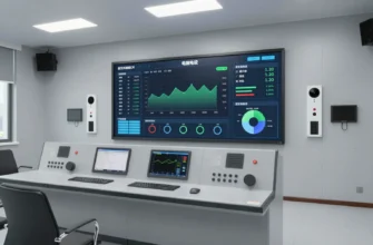 A modern, clean, and well-lit control room showcasing a sophisticated system for automated microclimate management. The focus should be on a large touchscreen display showing graphs and data related to temperature, humidity, and air quality. Include various sensors and control panels integrated into the room's design. The overall impression should be one of technological advancement and efficiency.